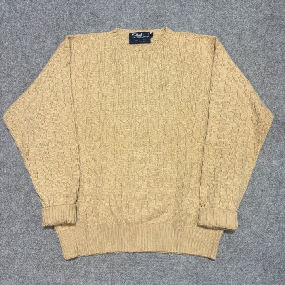 Polo Ralph Lauren Cashmere Cable Knit Sweater Mens Medium Tan Beige Crewneck